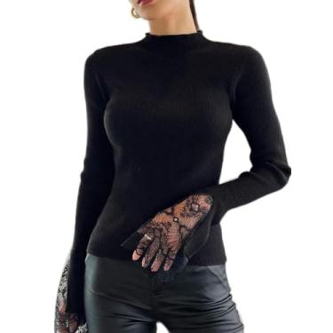 Imagem de Camisetas femininas de manga comprida 2025 na moda gola redonda cropped para sair com caimento justo sólido roupas da moda outono, Preto, G