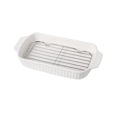 Imagem de Frigideiras de lasanha para uso doméstico de cerâmica com rede de drenagem de óleo de orelha dupla assada panela de arroz assada de alto valor pode ser forno a vapor prato de lasanha (branco)