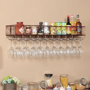 Imagem de Rack de vinho montado na parede com suporte de vidro, prateleira de garrafa de vinho de metal, prateleiras de bar flutuante, prateleira de bar de parede, suporte de vinho de ferro, prateleira de