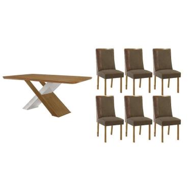 Imagem de Conjunto: Mesa de Cozinha Imperatriz Tampo Curvo 180cm+6 Cadeiras Tilia Madeira Naturale/Off White - Capuccino/Suede Capuccino - Rufato