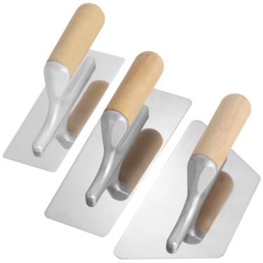 Imagem de 3 peças de espátula de drywall com acabamento plano, conjunto de espátula de alvenaria polida com cabo de madeira, espátula de gesso de aço inoxidável para placa de parede Sheetrock