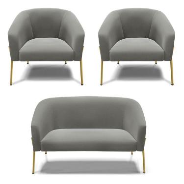 Imagem de Sofá Namoradeira E 2 Poltronas Pé De Ferro Dourado Stella Suede D03 - D'rossi Cor Grafite