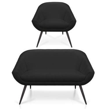 Imagem de Kit 01 Namoradeira 02 Lugares E 01 Poltrona Giovana Corino Preto Pés Palito De Ferro