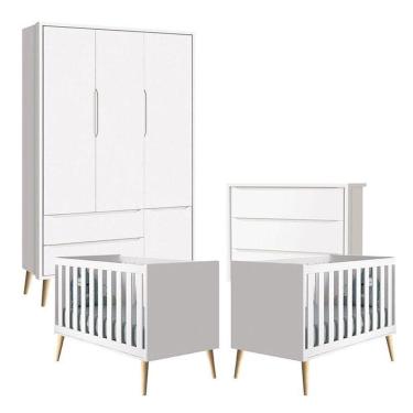 Imagem de Quarto De Bebê Theo 3 Portas Com 02 Berços E Cômoda Gaveteiro Branco Acetinado Pés Madeira Natural - Reller