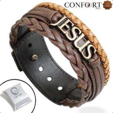 Imagem de Pulseira Ajustável De Couro Marrom e Preto Masculina Pai Ouro Velho Prata-Unissex