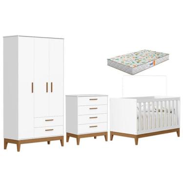 Imagem de Quarto de Bebê Flip com Cômoda Gaveteiro Branco Acetinado com Colchão Gazin - Reller