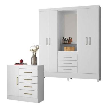 Imagem de Cômoda Montevidéu e Guarda Roupa Casal Capelinha Pérsia Branco Flex - Demóbile