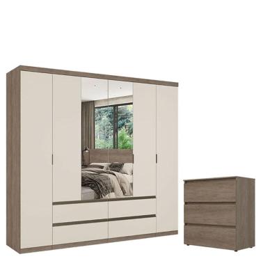 Imagem de Guarda Roupa Casal Nobre 6 Portas Glass Rustic Off White e Cômoda Gaveteiro Condessa Rustic Acetinado - THB