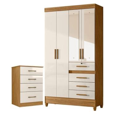 Imagem de Guarda Roupa Solteiro Sobral com Espelho e Cômoda MS913 Freijó Off White – Moval
