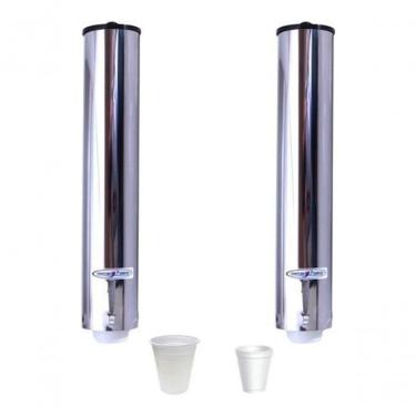 Imagem de Dispenser para Copos Descartáveis Kit 2 Suporte Porta Copos Inox com Hastes Ajustáveis para Água e Café Aço Inox Polido