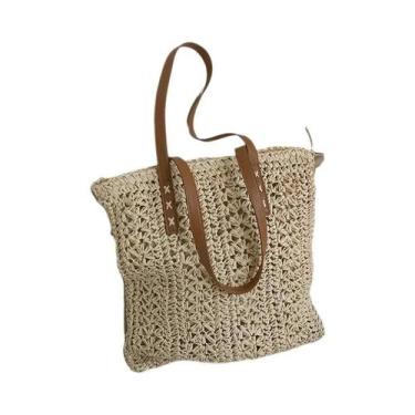 Imagem de Bolsa De Ombro Quadrada De Palha Trançada Estilo Boêmio, Bolsa De Ráfi