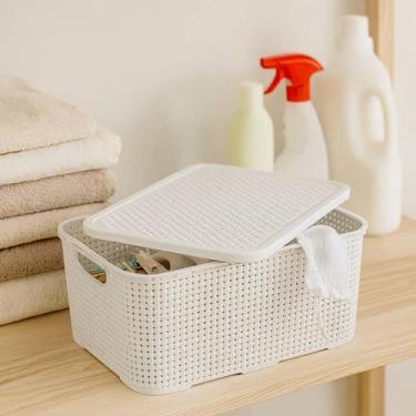 Imagem de Caixa Organizadora 7 Litros Rattan Branca Com Tampa Organizador de Arm