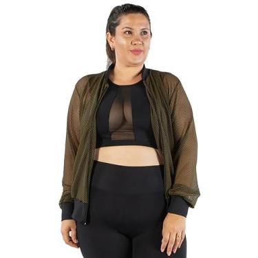 Imagem de Jaqueta Bomber Feminina Plus Size em Tela com Bolsos e Ziper Verde Mil