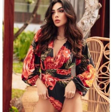 Imagem de Maiô Body Moda Praia Cor Preto Floral - Cláudia filadelfo