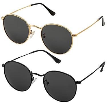 Imagem de Óculos de sol polarizados redondos pequenos para homens e mulheres, armação de metal clássica, pacote com 2, Pacote com 2 ouro/preto + preto/preto