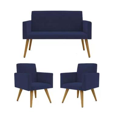 Imagem de Conjunto 2 Poltronas 1 Namoradeira Pés Palito Azul Marinho