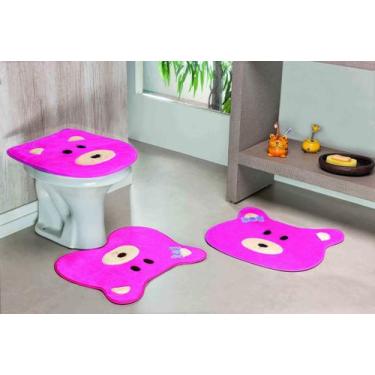 Imagem de Kit Tapete De Banheiro 3 Peças Antiderrapante Ursa Pink - Home Fernand