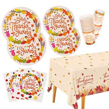 Imagem de Jantar de Ação de Graças descartável, serve 25 pratos de papel, toalha de mesa, guardanapos, decoração de mesa para jantar de Ação de Graças, festa de outono