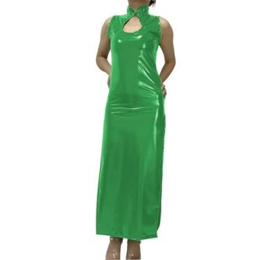 Imagem de MAIFURUN Vestido longo feminino com decote cheongsam molhado com fenda alta e colado ao corpo, vestido de festa, clube, baile, noite, Verde, XXG