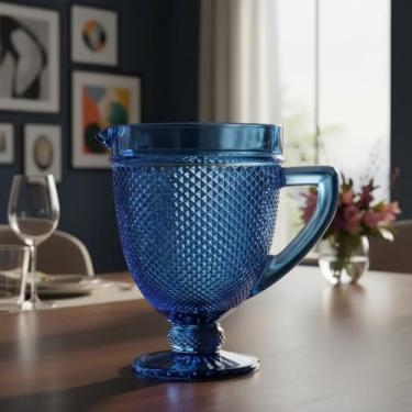 Imagem de Jarra de Vidro Bico de Jaca, Azul Cobalto, Design Diamantado, Base com Pedestal, 1000ML, 20cm Altura, para Água e Sucos