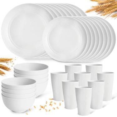 Imagem de Conjunto de pratos brancos para 8 pratos inclui pratos de jantar, tigelas de macarrão, tigelas de sopa e copos de bebida, conjuntos de louça brancos inquebráveis para micro-ondas, lava-louças, para