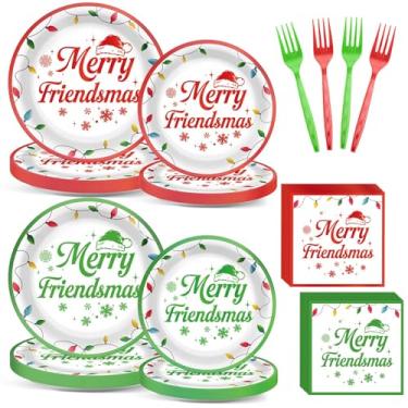 Imagem de Conjunto de utensílios de mesa com tema de amigos, 96 peças, decoração de festa de Natal, vermelho, verde, pratos e guardanapos para festa de Natal, tema de aniversário, pratos de papel descartáveis