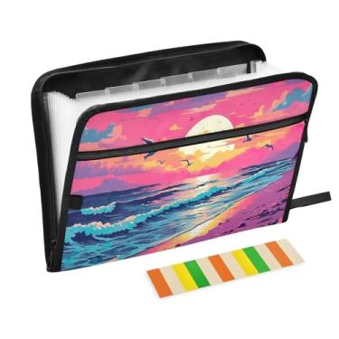 Imagem de Wassud Linda praia com pássaros, organizador de arquivos sanfonados, 13 bolsos, pastas expansíveis com abas e adesivos, organizador de pastas de documentos de recibo de papel tamanho carta A4 para