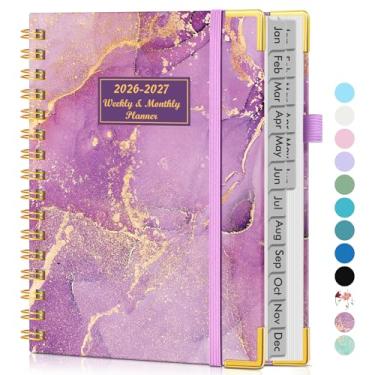 Imagem de Agenda A5 18 meses semanal e mensal 2026-2027, janeiro de 2026 a junho de 2027, agenda de capa dura, agenda semanal e mensal com aba, agenda em espiral para trabalho, escola, casa, mármore roxo