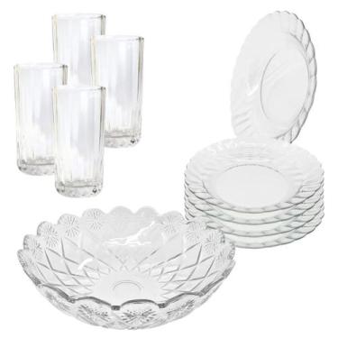 Imagem de Aparelho De Jantar Copos Pratos 9 Peças Vidro com Bowl Grande 2,5L - C