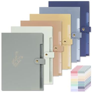 Imagem de EOOUT 6 pastas de arquivo expansíveis com 5 bolsos, pastas sanfonadas para documentos, organizador de arquivos de plástico floral em relevo dourado com botão de pressão para escola e material de