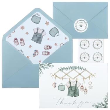 Imagem de Draupnir Pacote com 50 cartões de agradecimento para chá de bebê com envelopes e adesivos cartão de pano verde para meninos cartões de felicitações em branco para presentes de aniversário festa de chá