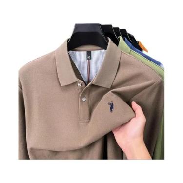 Imagem de Camisa Polo Masculina De Manga Longa 100% Algodão Puro, Marca De Desig