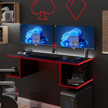 Imagem de Mesa Suspensa Escrivaninha Computador 900x420 C/Prateleiras (Vermelho)