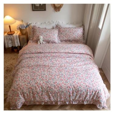 Imagem de Jogo de cama 100% algodão King floral 3/4 peças, capa de edredom com babados compatível com todas as estações, respirável, durável, lençol de cama (C lençol com elástico _solteiro)