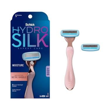 Imagem de Schick Hydro Silk Navalha de metal ouro rosa para mulheres | Navalhas femininas, lâminas de 5 lâminas para mulheres, inclui 1 cabo de barbear feminino e 2 refis