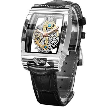 Imagem de FORSINING Relógio masculino de luxo com esqueleto vazado, retrô, lindo design de escultura retangular, com mostrador grande, cinto de couro e pulseira de aço inoxidável, relógio de pulso de quartzo, relógios não mecânicos, Preto, prata, Mecânico, relógio esqueleto