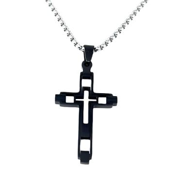 Imagem de Colar masculino com pingente de cruz dupla, aço inoxidável 316L, ouro e prata, corrente de 60 cm, Standard size, Aço inoxidável, Sem Pedra Preciosa