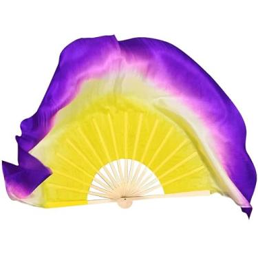 Imagem de Véus curtos de seda chinesa de 61 cm para dança do ventre ventiladores de fluxo feitos à mão para dança do ventre para apresentações de palco de festa (amarelo roxo)