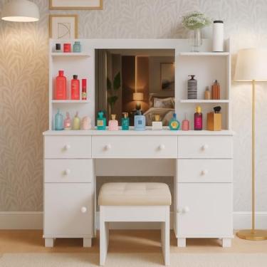 Imagem de Penteadeira Camarim Com Prateleiras e Espelho 5 Gavetas 2 Portas Espaçosa Organizadora de Maquiagem Com Banqueta