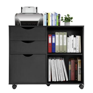 Imagem de QDSSDECO Armário de arquivo lateral móvel de 3 gavetas com prateleira, com suporte para impressora com rodinhas e prateleiras de armazenamento ajustáveis abertas, para escritório em casa, preto