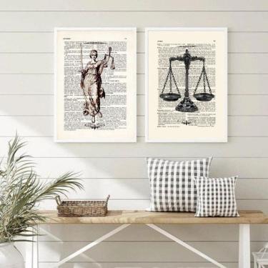 Imagem de Quadros Deusa da Justiça e Balança 24x18cm - Madeira Branca - Kit 2 Peças