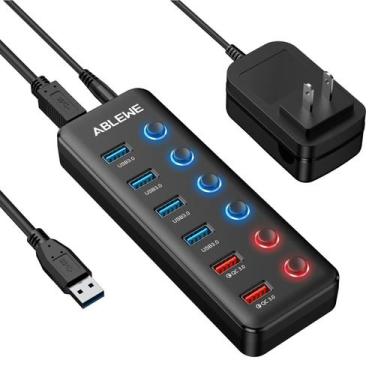 Imagem de Hub USB 3.0 ABLEWE de 6 portas com 2 portas de carregamento rápido QC 