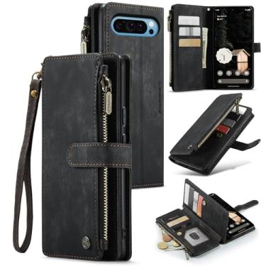 Imagem de Capa carteira para Google Pixel 10 Pro XL 5G com suporte para cartão com zíper magnético bolso alça de pulso, capa flip de couro para Google Pixel 10 Pro XL 5G 6,8 polegadas (preto)
