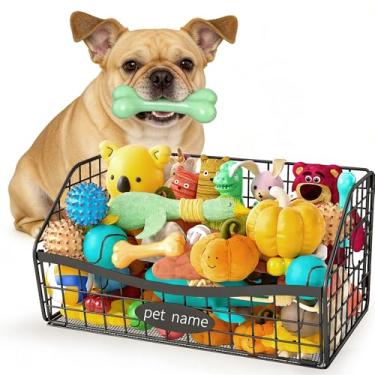 Imagem de AIDILI Cesta de brinquedo para cães com etiqueta de nome personalizada, caixa dobrável para brinquedos para animais de estimação, organizador de armazenamento de brinquedos para fácil acesso ao animal
