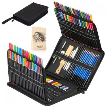 Imagem de Kit de lápis de desenho 144 peças KALOUR com 120 lápis de cor, sketch kit 24 peças, bloco para esboço e estojo com zíper