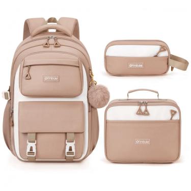 Imagem de Mochila escolar Fimibuke infantil juvenil cáqui, conjunto 3 peças com lancheira térmica e estojo, impermeável