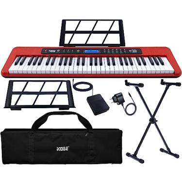 Imagem de Kit Teclado Musical Estudante Kobe KB-300 5/8 61 Teclas Sensíveis ao Toque com Pedal Sustain Capa Preta e Suporte