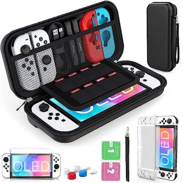 Imagem de Estojo de transporte para Switch OLED, kit de acessórios 11 em 1 para Nintendo Switch OLED com estojo protetor rígido transparente, protetor de tela HD Switch e capas para polegar