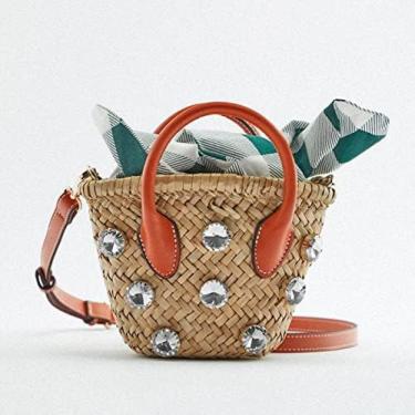 Imagem de Bolsa De Palha Mini Bolsa Cesta Rattan Tecelagem Ombro Bolsa Transversal Feminina Tecido Estampado Bolsas De Nó Bolsas Com Alça Superior,Laranja,12x6,5x19cm,YUYANAIAI