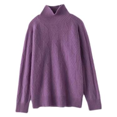 Imagem de Suéter de lã feminino outono inverno camisa solta gola rolê manga longa inferior, Roxa, GG